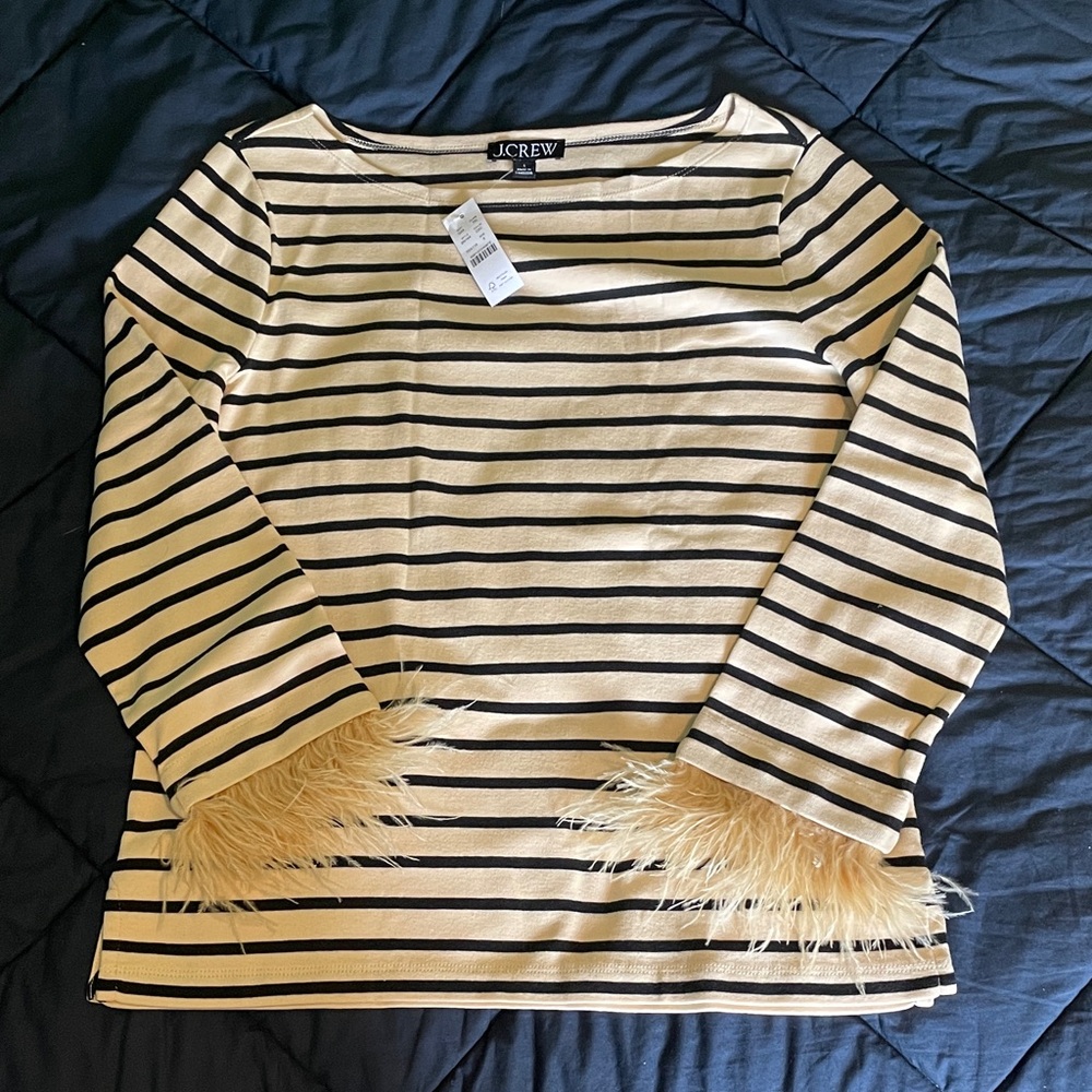 J. Crew Striped Long Sleeve Top with Feather Trim